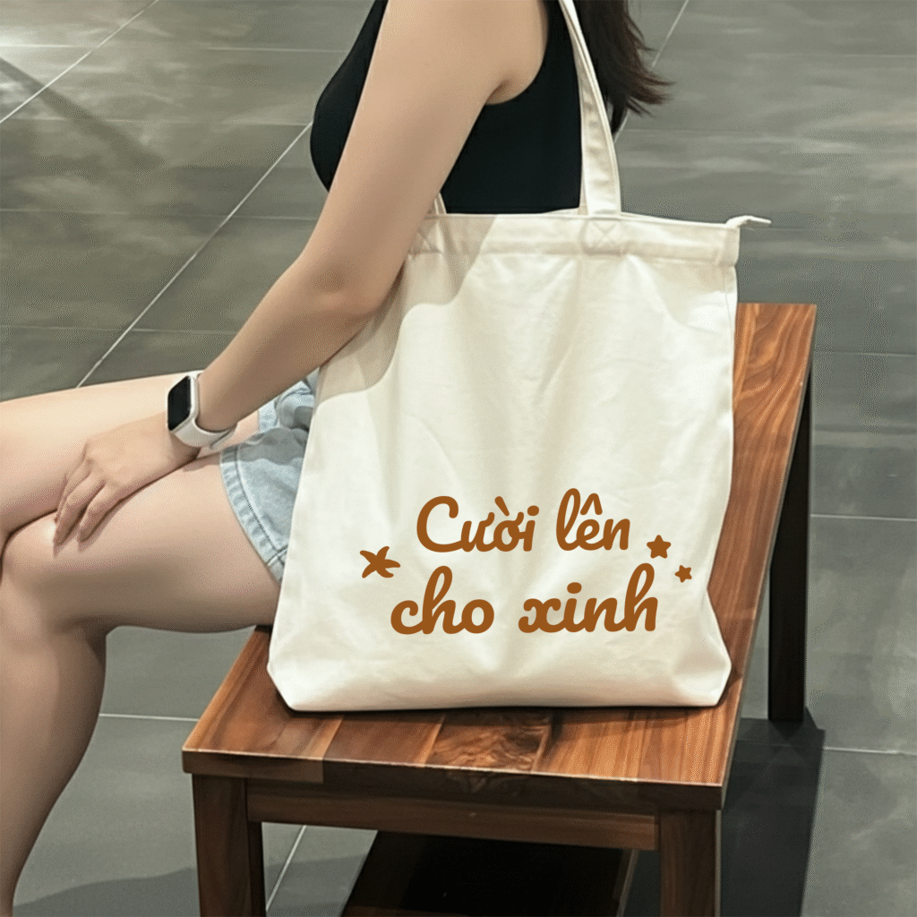 túi vải bố, túi canvas, túi vải tote in chữ cƯỜi lÊn cho xinh mẫu tui đơn giản, đẹp