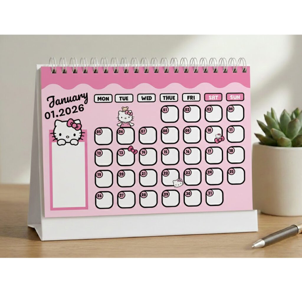 lịch để bàn ghi chú hình nhân vật kitty năm 2026, có khung ghi chú phong cách hàn quốc trang trí bàn làm việc