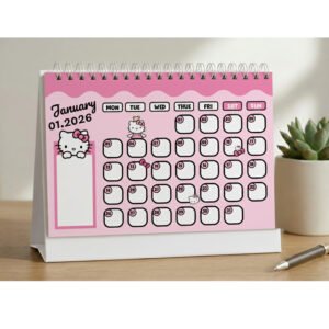 lịch để bàn ghi chú hình nhân vật kitty năm 2026, có khung ghi chú phong cách hàn quốc trang trí bàn làm việc