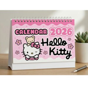 lịch để bàn ghi chú hình nhân vật kitty năm 2026, có khung ghi chú phong cách hàn quốc trang trí bàn làm việc