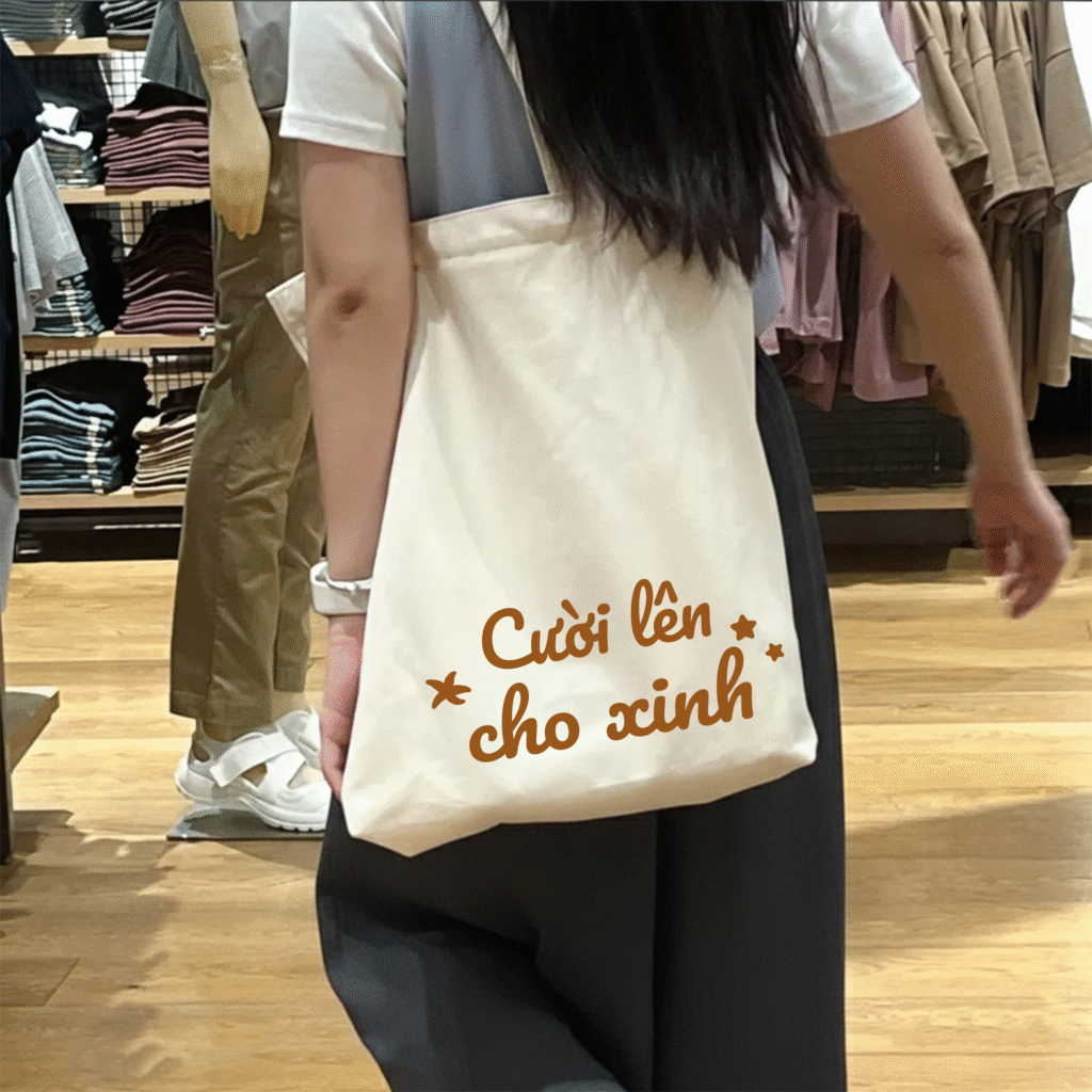 túi vải bố, túi canvas, túi vải tote in chữ cƯỜi lÊn cho xinh mẫu tui đơn giản, đẹp