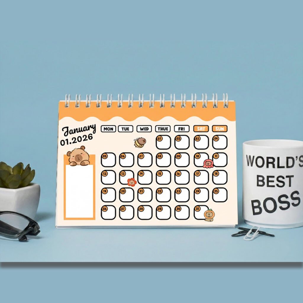 lịch để bàn 2026 có ghi chú kèm hình nhân vật capybara đáng yêu. màu in sắc nét, đẹp, bền