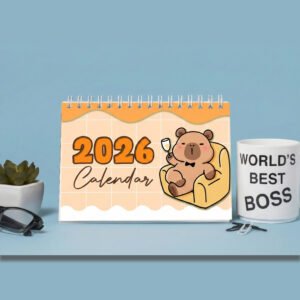 lịch để bàn 2026 có ghi chú kèm hình nhân vật capybara đáng yêu. màu in sắc nét, đẹp, bền