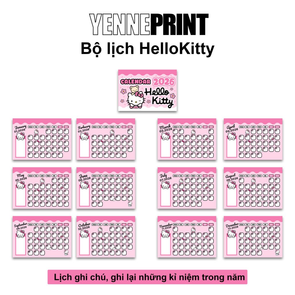 lịch để bàn ghi chú hình nhân vật kitty năm 2026, có khung ghi chú phong cách hàn quốc trang trí bàn làm việc
