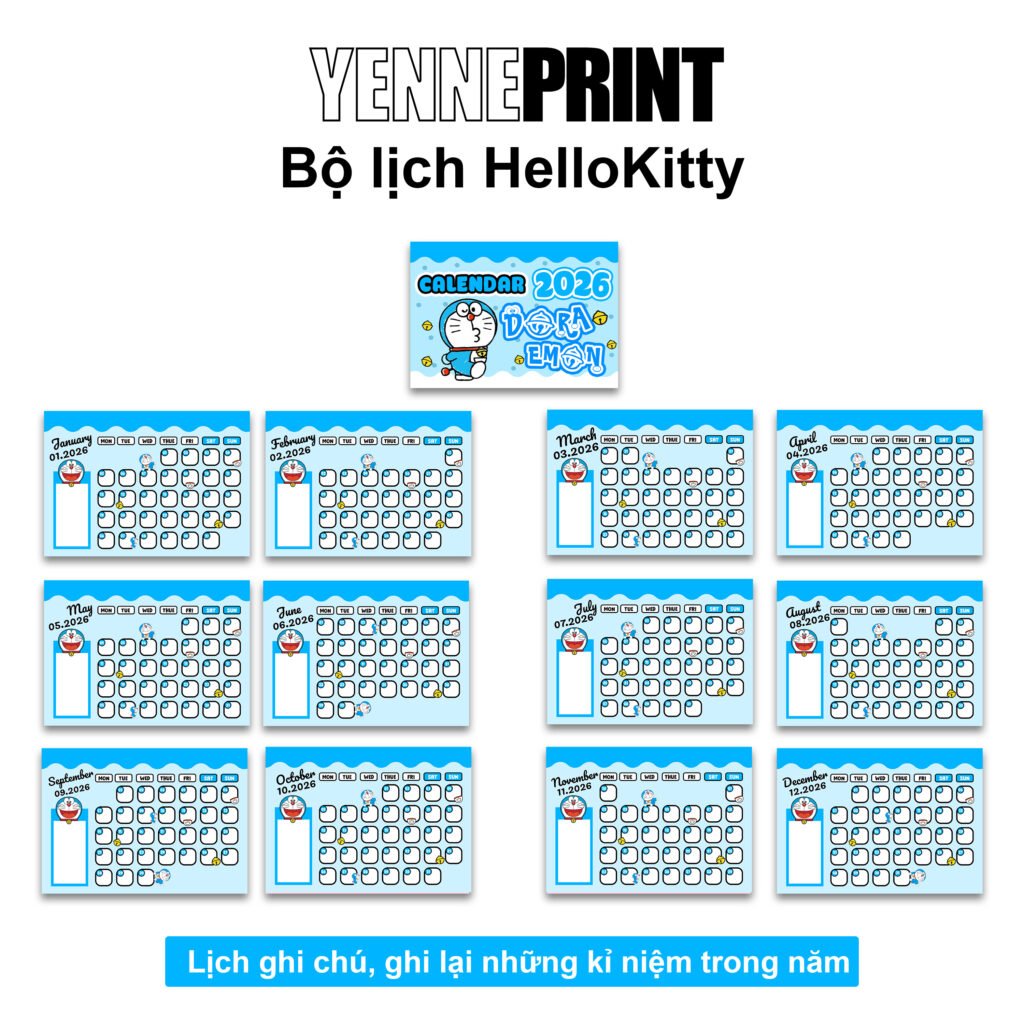 lịch để bàn ghi chú hình nhân vật kitty năm 2026, có khung ghi chú phong cách hàn quốc trang trí bàn làm việc