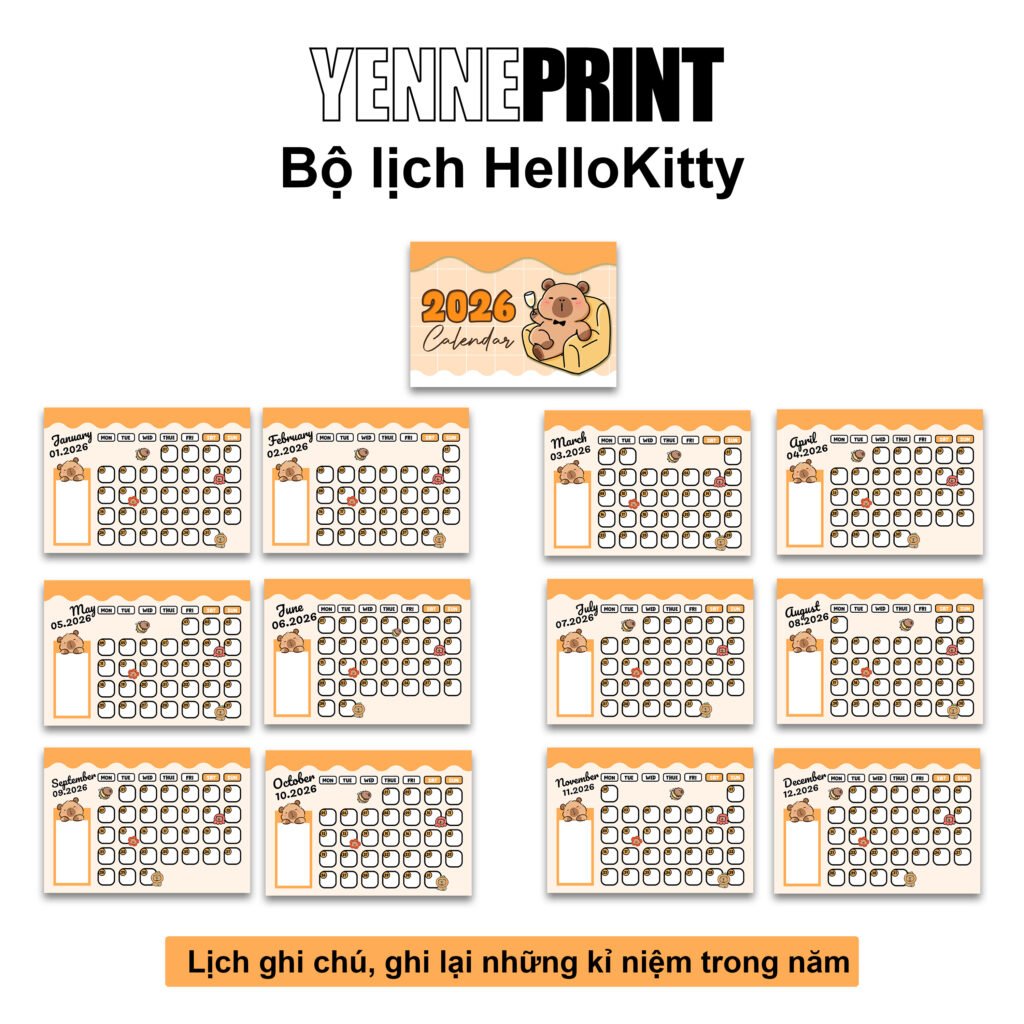 lịch để bàn 2026 có ghi chú kèm hình nhân vật capybara đáng yêu. màu in sắc nét, đẹp, bền
