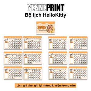 lịch để bàn 2026 có ghi chú kèm hình nhân vật capybara đáng yêu. màu in sắc nét, đẹp, bền