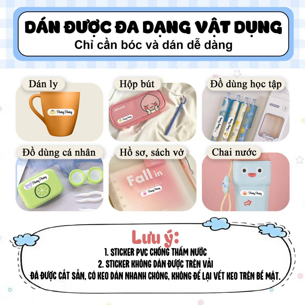 set tem dán in ảnh theo yêu cầu, đánh dấu đồ dùng học tập cho bé, decal nhựa chống nước in theo yÊu cẦu