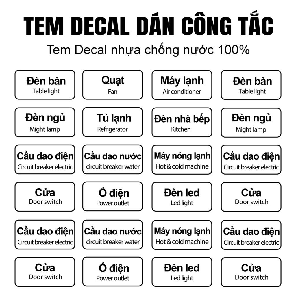 tem dán công tắc gia đình, tem dán phân loại các công tắc quạt, đèn chống rách nền trong suốt tiện lợi cho gia đình