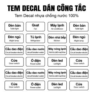 tem dán công tắc gia đình, tem dán phân loại các công tắc quạt, đèn chống rách nền trong suốt tiện lợi cho gia đình