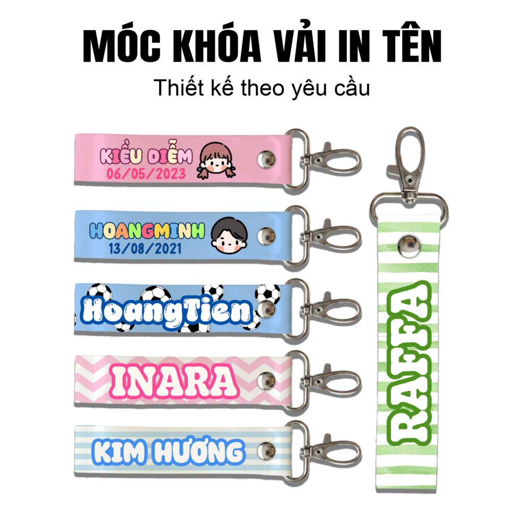 móc khóa vải in tên đa dạng màu sắc, dây móc khóa treo xe máy xe điện, balo, in tên theo yêu cầu