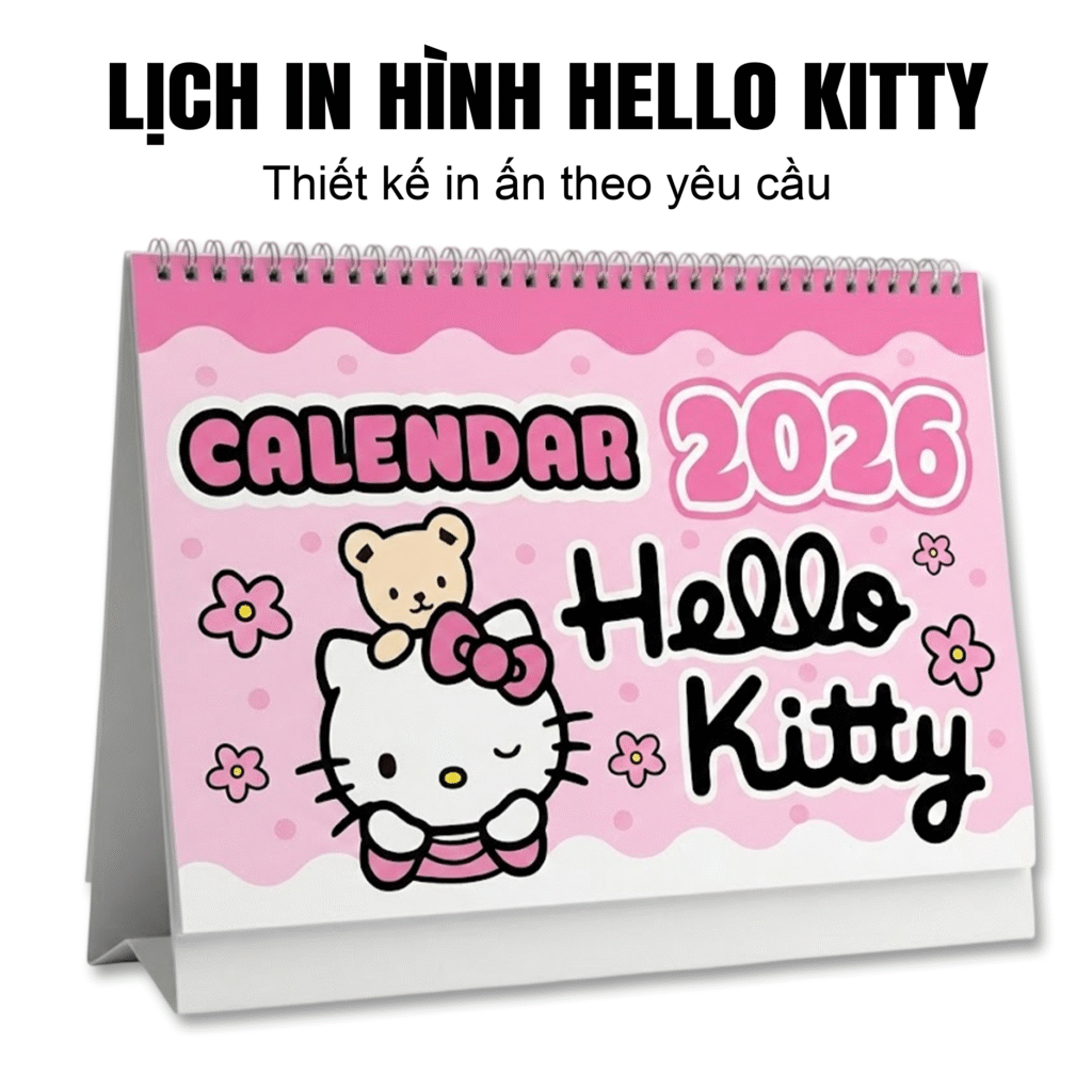 lịch để bàn ghi chú hình nhân vật kitty năm 2026, có khung ghi chú phong cách hàn quốc trang trí bàn làm việc