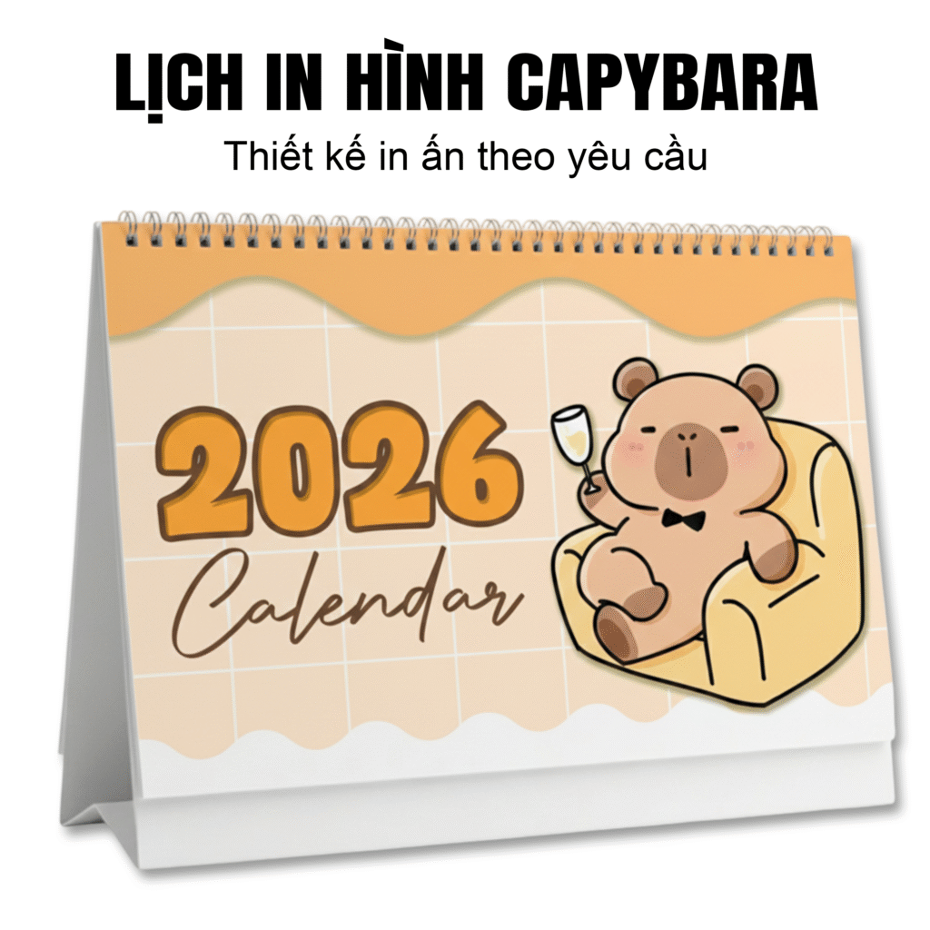 lịch để bàn 2026 có ghi chú kèm hình nhân vật capybara đáng yêu. màu in sắc nét, đẹp, bền