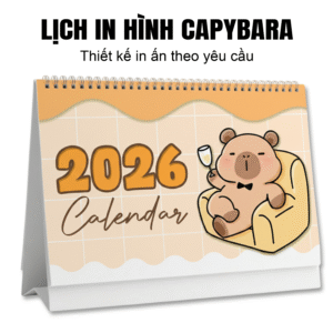 lịch để bàn 2026 có ghi chú kèm hình nhân vật capybara đáng yêu. màu in sắc nét, đẹp, bền